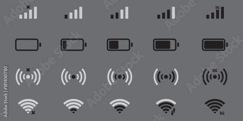 Smartphone wifi and battery icons. Mobile phone indicators, battery charge levels, 5G and wifi signal strength icons flat vector illustration set. Network wireless symbols on Transparent background. E