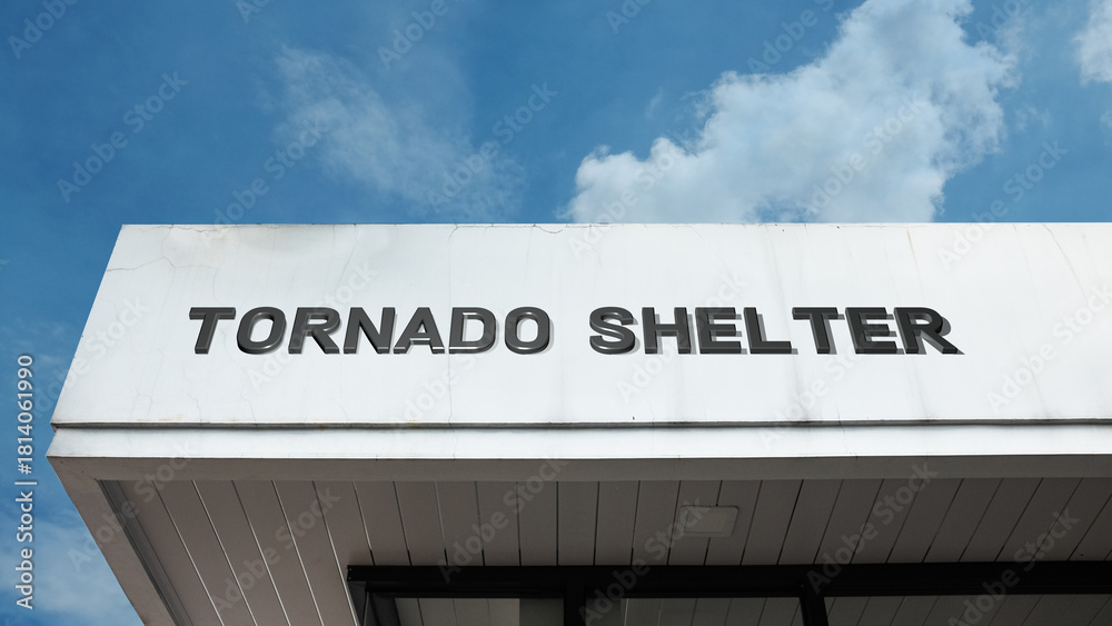 Obraz premium Tornado Shelter word signage on a fortified safety building under a blue sky, symbolizing emergency preparedness, severe weather, storm protection, safe room, crisis planning, and resilience