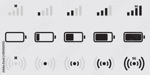 Minimal Black and Blue vector icons showing mobile signal strength, Wi-Fi connectivity, Network and battery charge levels. Perfect for user interface design (UI, apps, infographics. Mobile & PC. EPS10