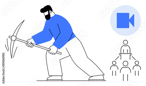 Man mining with a pickaxe, a video recording icon, and a hierarchical team structure. Ideal for resource management, teamwork, mining, virtual collaboration, labor, productivity and workflow