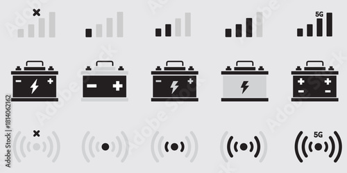 Minimal Black and Blue vector icons showing mobile signal strength, Wi-Fi connectivity, Network and battery charge levels. Perfect for user interface design (UI, apps, infographics. Mobile & PC. EPS10