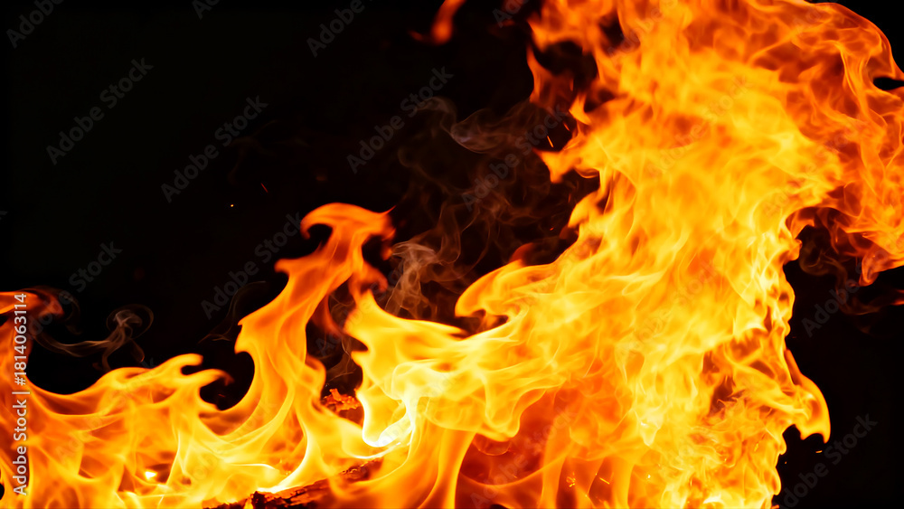 Fototapeta premium Realistic Orange Fire Flame Burning Effect Isolated on Black Background.
