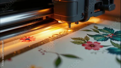 Laser cutter crafting festive paper floral pattern for holiday craft, glow of blade and precise cut wrapping sheet joyful workshop, Christmas factory process with seasonal design detail and calm mood
