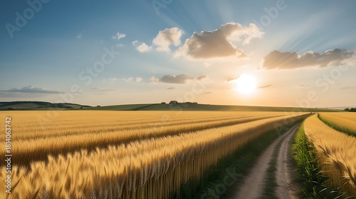 Fototapeta Naklejka Na Ścianę i Meble -  A summer wheat field stretching to the horizon under a clear blue sky with a few puffy white clouds, warm orange sunlight casting a gentle glow, a soft breeze creating subtle waves.