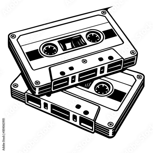 two stacked cassette tapes with visible labels and reels