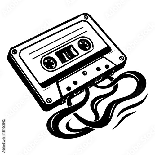 rotated cassette tape with ribbon forming abstract wave shapes