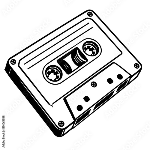 classic audio cassette floating in midair, top-down view with detailed spools and edges