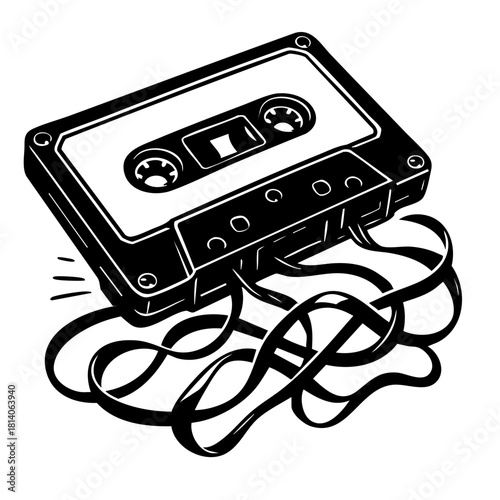 broken cassette tape with tangled tape spilling across the frame
