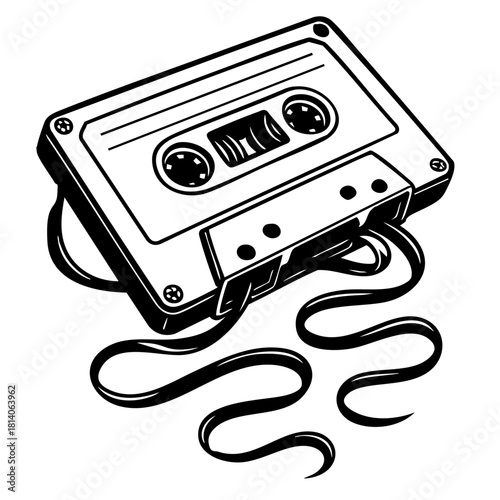 cassette tape with tape spilling out in dynamic curves, low angle