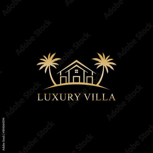 Elegant golden luxury villa logo with palm trees representing premium tropical resort accommodation and exclusive property branding on a black background