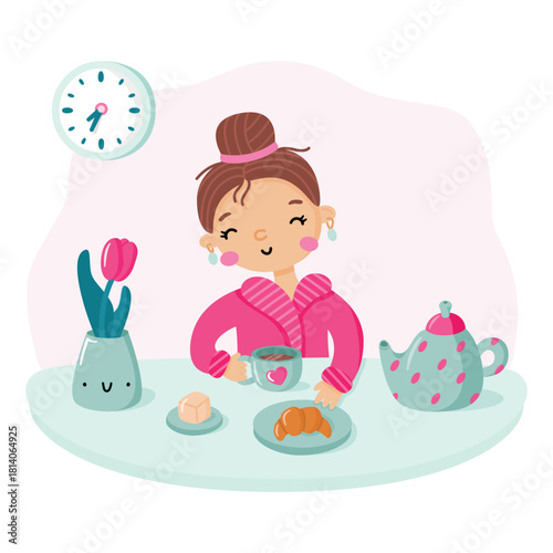 Morning routine flat vector illustration. Happy girl eating breakfast at home. Young woman sitting at the table and enjoying her meal. Concept of slow living.