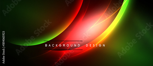 Abstract background features vibrant green, red, yellow curves. Dynamic lines create modern visual impact. Dark space dominates composition.