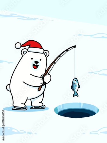 Polar bear ice fishing with caught fish in Christmas mood on ice with copy space
