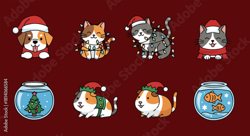 Cute cartoon Christmas pets collection with dogs, cats, guinea pigs, and fishbowls, all adorned with festive Santa hats and holiday decorations.