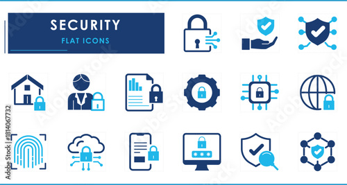 A set of flat icons related to Security. Data, home, digital, encrypt, fingerprint, document, cloud data, smartphone, shield, network, and so on.
