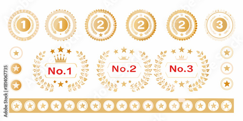 Gold and beige ranking badges and ribbons with numbers one two and three