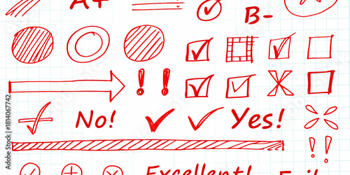 Red doodle marks and symbols on grid paper