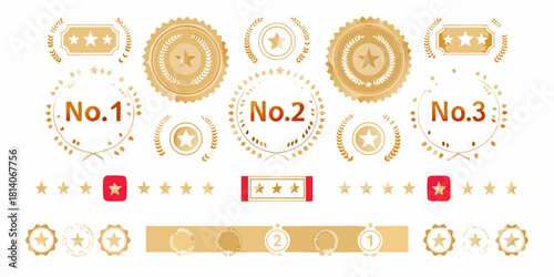 Collection of golden stars ribbons and number badges for awards and rankings