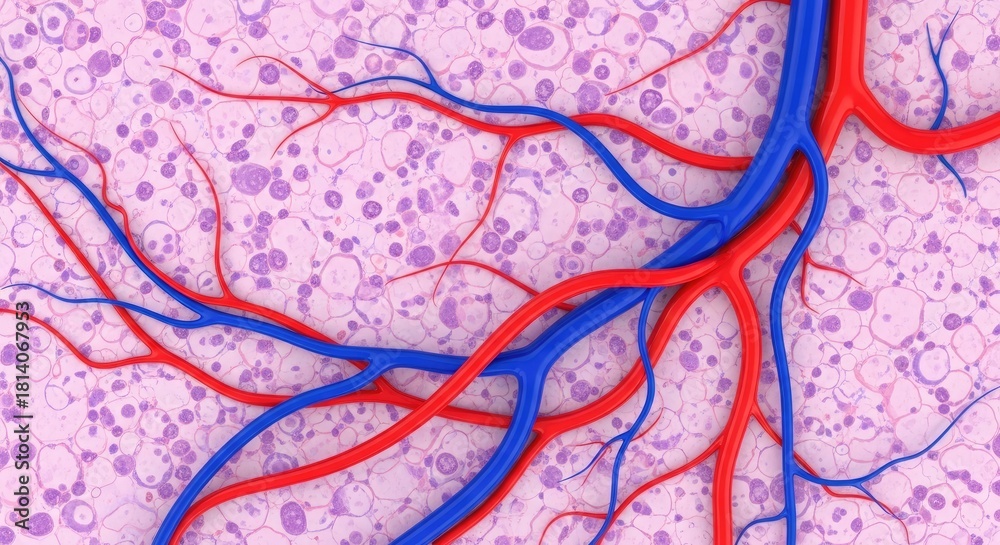Obraz premium Liver Tissue Anatomy Showing Hepatic Lobules With Central Vein Sinusoids Kupffer Cells Bile Canaliculi Portal Triad and Blood Vessels in Microscopic View