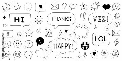 Hand drawn speech bubbles and icons with positive messages