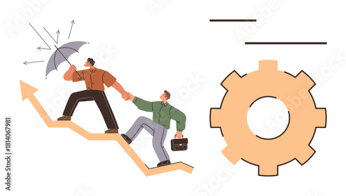 Two individuals climbing an upward arrow one holds an umbrella shielding the other, representing guidance and support. Gear symbolizes productivity. Ideal for growth, leadership, teamwork, strategy