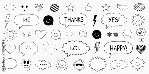 Collection of hand drawn doodle icons and speech bubbles