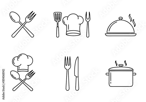 Diverse vector collection of kitchen and restaurant essentials, showcasing cooking utensils, chef's hat, and dining tools in a sleek line art style