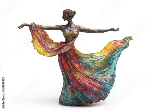 Bronze patina dancer figurine with a colorful, flowing scarf or dress, captured mid-pose and isolated on white.