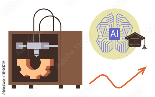3D printer crafting gear, AI neural network brain with graduation cap, and growth arrow. Ideal for technology, AI, innovation, education, future trends, industry advancements simple flat metaphor