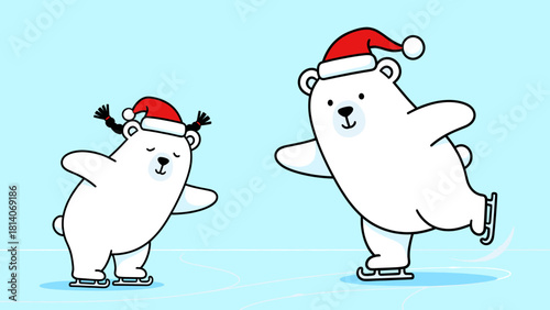 Polar bear and his friend enjoying ice skating in Christmas mood with copy space
