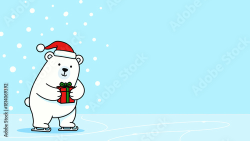 Polar bear holding Christmas gift on ice rink with festive mood and copy space