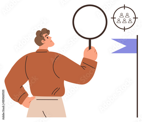 Man inspects target with a magnifying glass near flag symbolizing goals, strategy, and focus. Ideal for concepts thumbs up leadership, vision, problem-solving, research, productivity and planning. A
