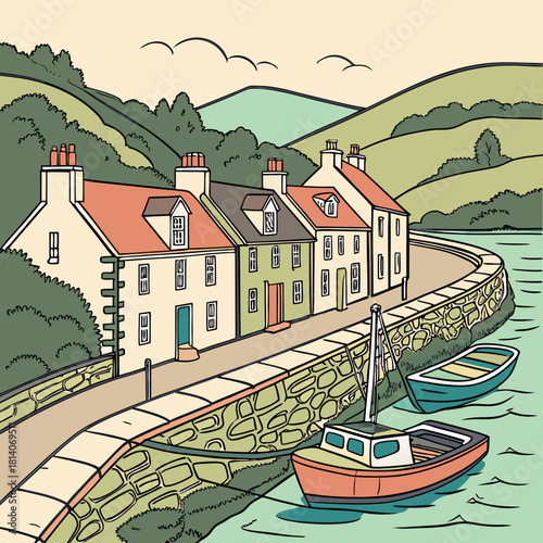 Charming coastal village scene with quaint houses and fishing boats gently bobbing in the calm water, a peaceful, idyllic scene perfect for travel ads