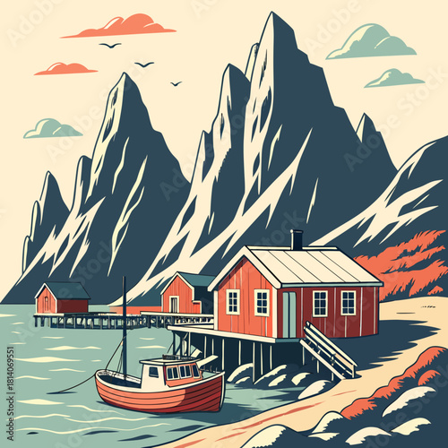 Charming coastal village with red wooden houses and fishing boat near majestic mountains, a serene Scandinavian landscape, perfect for travel posters
