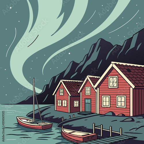 Charming Nordic Village under Aurora Borealis, Cozy Red Cabins and Boat on Calm Water, Captivating Scandinavian Night Scene, Travel Inspiration, Serene