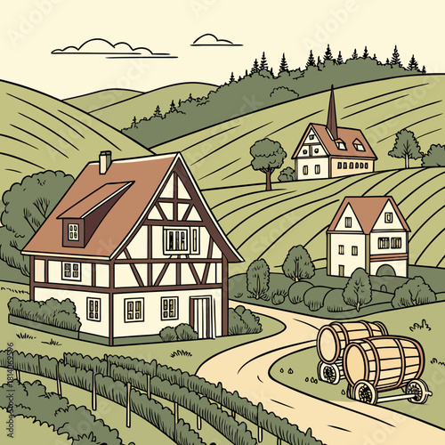 Charming European village nestled in rolling hills with vineyard and wine barrels, promising a serene getaway and artisanal wine experience