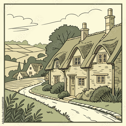 Charming thatched roof cottages line a winding country road, evoking a sense of peaceful rural living in a vintage style travel poster design