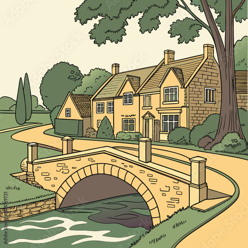 Charming village scene features a stone bridge leading to idyllic homes surrounded by lush greenery, perfect for illustrating peaceful countryside living