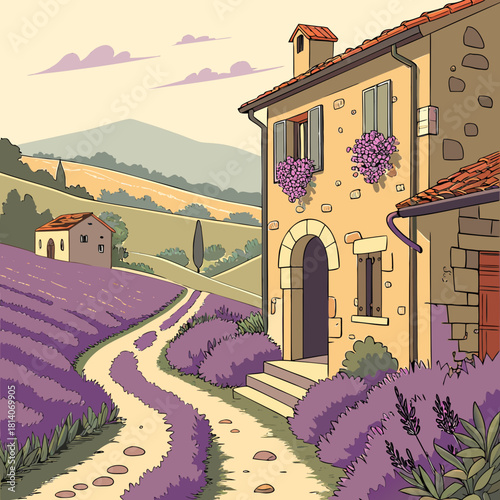 Enchanting lavender fields lead to rustic Tuscan farmhouse, evoking peaceful countryside charm and timeless beauty, travel destination, idyllic retreat