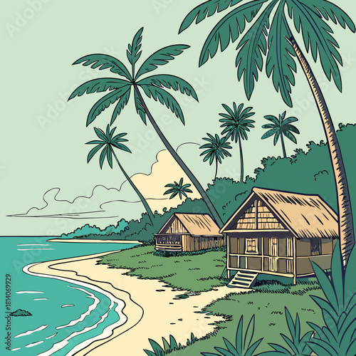 Escape to Paradise: Tropical Beach Huts and Palm Trees Await on Sandy Shores, Perfect for Relaxing Getaways and Dream Vacation Visuals