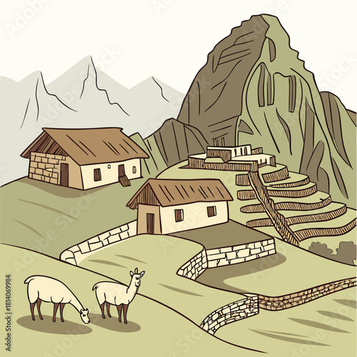 Explore the Majestic Machu Picchu with Charming Llamas in this Stunning Scenic Peruvian Landscape, Perfect for Travel Brochures and Educational Materials