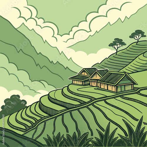 Serene rice terraces cascade down mountain slopes, promising peaceful retreat and sustainable living, embodying natural beauty and harmonious design