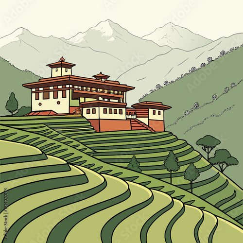 Stunning Bhutanese architecture on terraced hillside with mountains, a cultural travel destination, captivating scenery, promoting serene landscapes