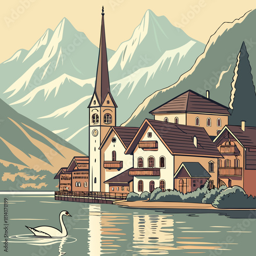 Serene European village nestled by majestic mountains and tranquil lake, featuring charming architecture and a graceful swan gliding on the water, a peaceful escape