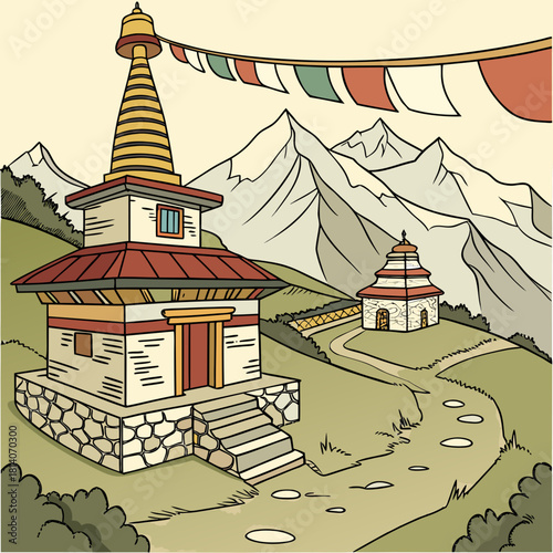 Stunning Tibetan temple nestled among mountains, prayer flags fluttering gently, evokes peace, serenity, and cultural richness, perfect for travel blogs