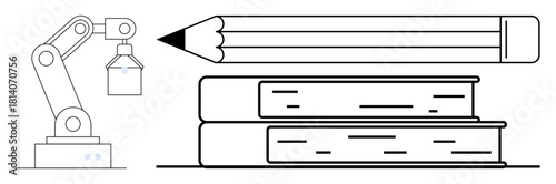 Robotic arm holding an object, large pencil, and stacked books. Ideal for technology, education, automation, creativity, innovation engineering learning concepts. A simple flat metaphor