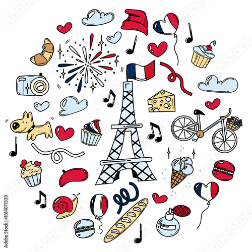 Set of hand drawn French doodle elements in cartoon style.