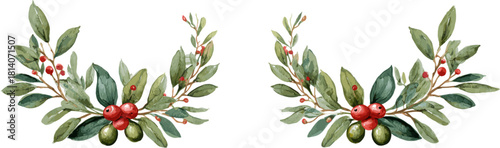 A pair of curved olive branches with red mistletoe berries. Vector design illustration for Decoration