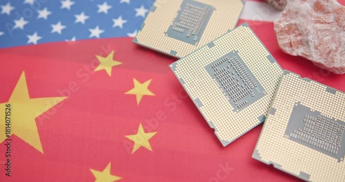Rare earth minerals and CPUs on the US–China flags highlight intensifying semiconductor restrictions and future strategic resource competition amid global tech tensions.