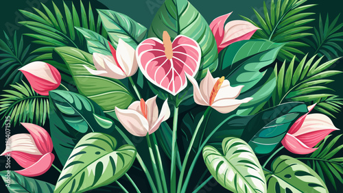 Very beautiful elegant arrangement of pink and white anthurium flowers surrounded by lush green palm leaves, creating a serene tropical scene ideal for wellness, spa, and tropical-themed designs.